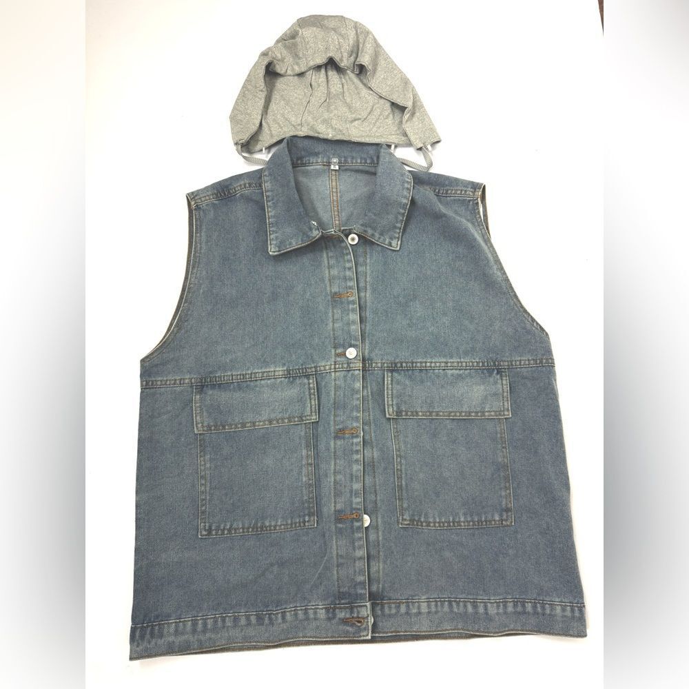 Women's Oversized Denim Vest Sleeveless with Detachable Hood XL